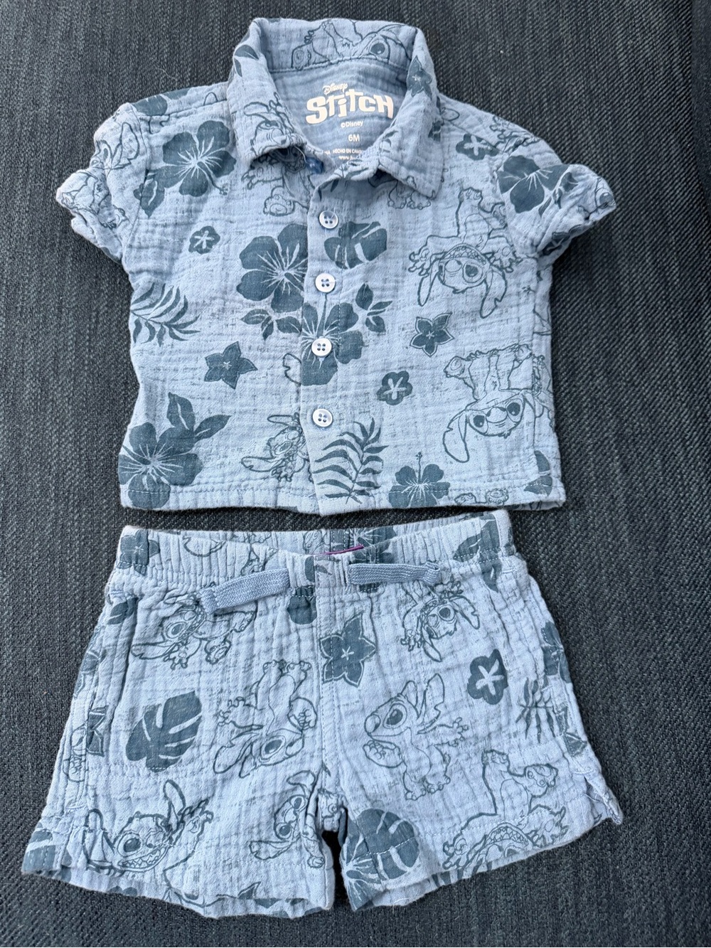 Disney Stitch Baby Outfit 6M Blue Hawaiian Shirt & Shorts Set